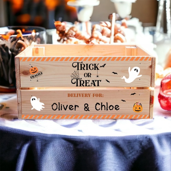 Personalised Wooden Halloween Crate, Trick or Treat Hamper Gift Crate